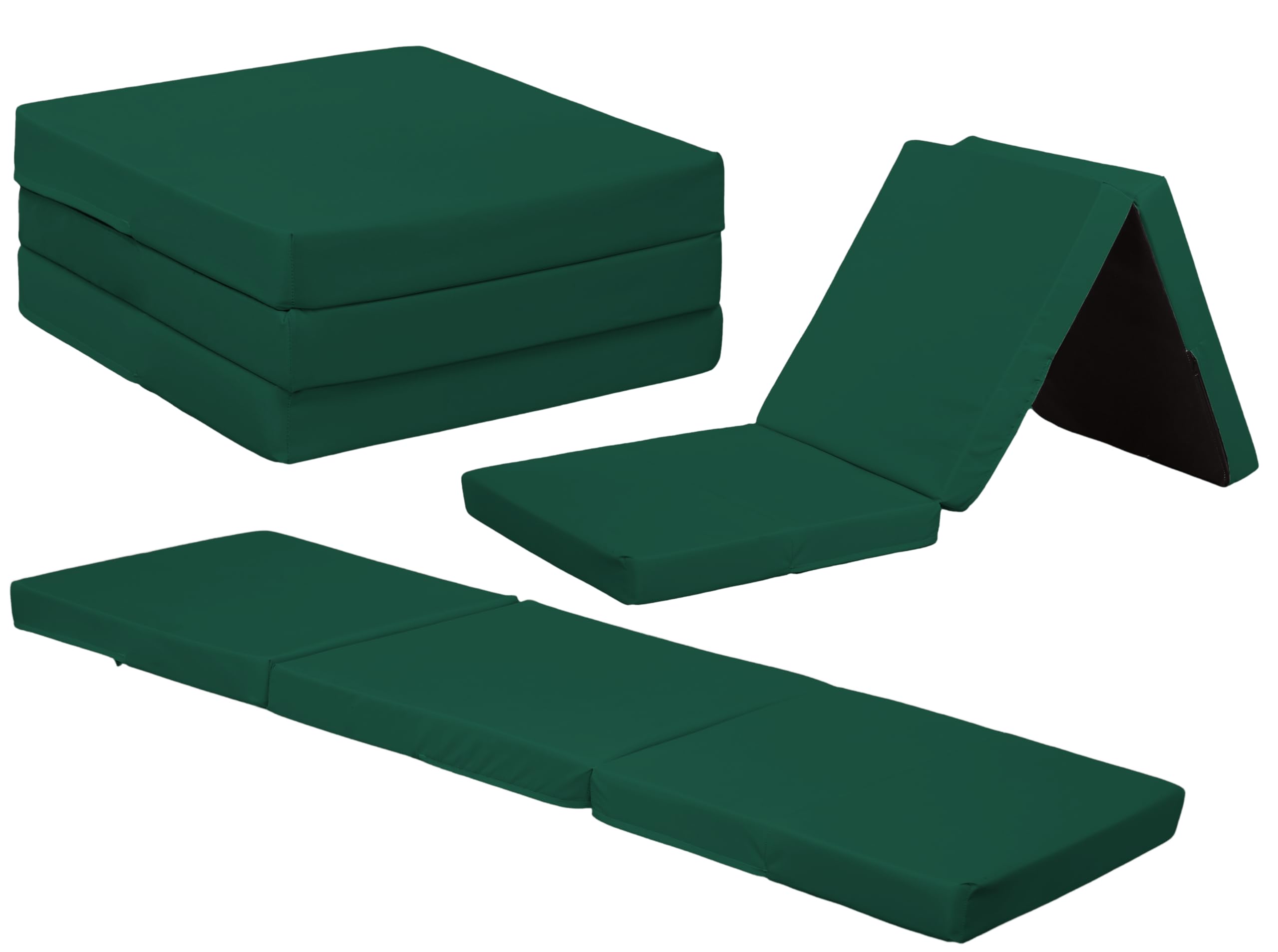 A ATH COLLECTION Kids Fold Out Z Bed Cube Mattress 100% Waterproof for Kids Footstool Pouffe, Armchair & Great for Sleepover Bed for Bedroom, Living Room, Playroom Soft & Comfy Futon Set (Kids/Green)