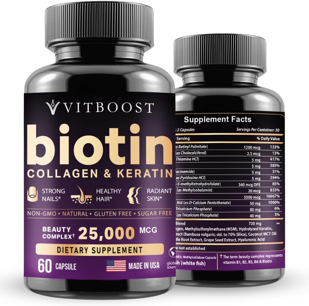 VITBOOST Biotin with Hyaluronic Acid, Collagen and Keratin – 25000 mcg Hair Growth Vitamins for Men and Women – Nails and Skin, USA Made, B1, B2, B3, B6, B7 Complex - 60 Capsules