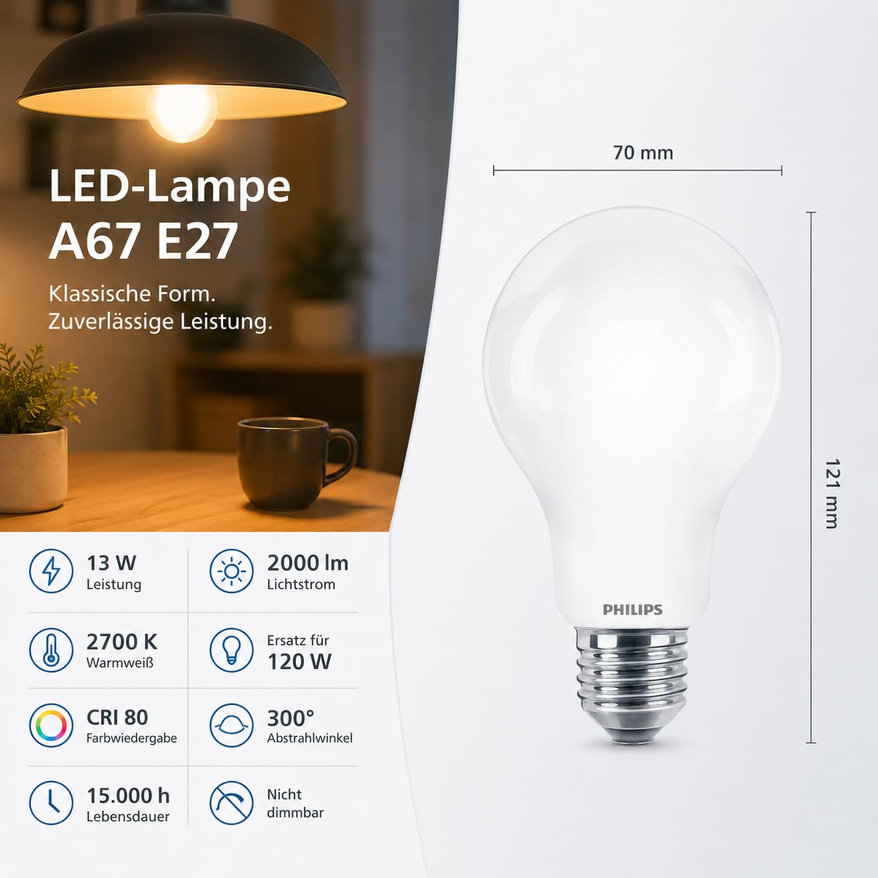 Philips LED-Lampe, Warmweiß, 10 Stück, 16W, Mattglas, A67, E27, 120W-Äquivalent, 220-240V, 10er SPARPACK