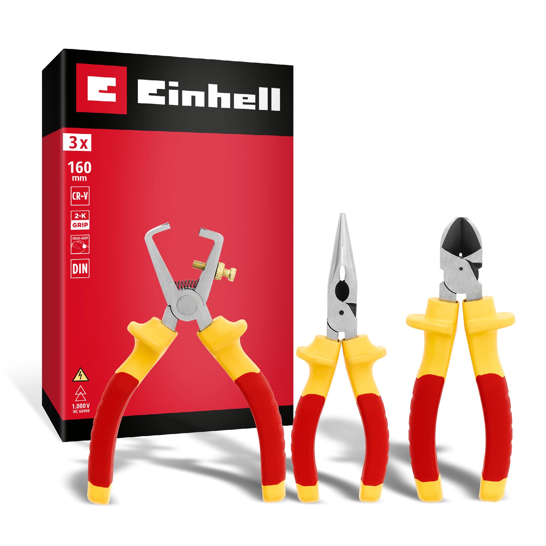 Einhell 3 pezzi set di pinze per elettricisti | Isolamento fino a 1.000 V | tronchese laterale | pinza spelafili | pinza telefonica | impugnature ergonomiche