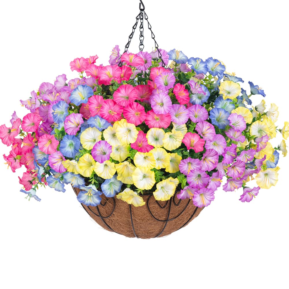 Cestas de flores artificiales colgantes para decoración al aire libre, primavera y verano, gloria matutina de seda sintética en ma