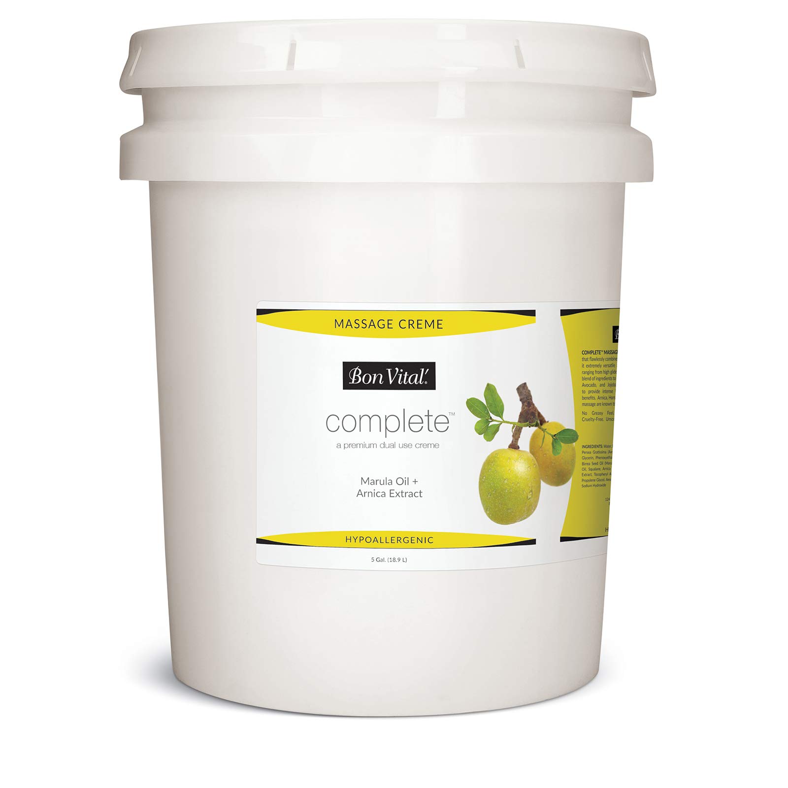 Bon Vital'Complete Massage Creme, Premium Dual Purpose Cream for Hypoallergenic Professional Massages, Non Greasy Unscented Moisturizer Made with Marula, Olive, Avocado, Jojoba Oil, 5 Gallons