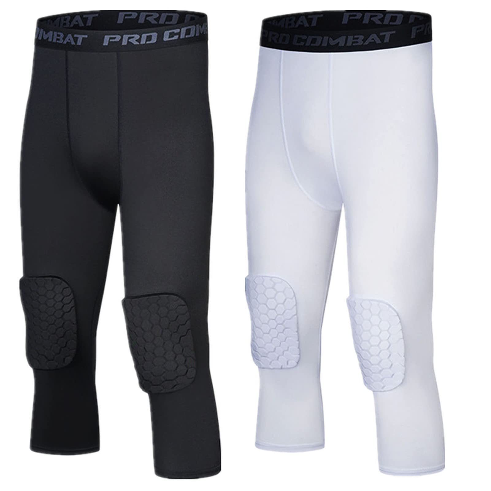 HULG Pantalon Rembourré avec Genouillères 3/4 Capri Pantalon De Compression pour Basketball Football Baseball Tailles Jeunes Et Adultes