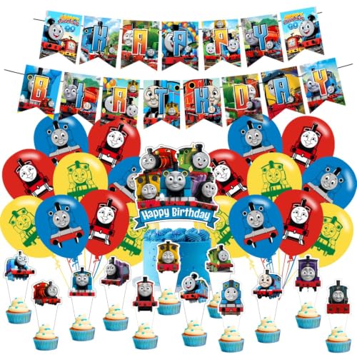 Thomas Train Birthday Decorations Thomas Train Party Supplies Include Happy Birthday Banner Cake Topper and Cupcake Toppers Balloons for Kids Party Decor