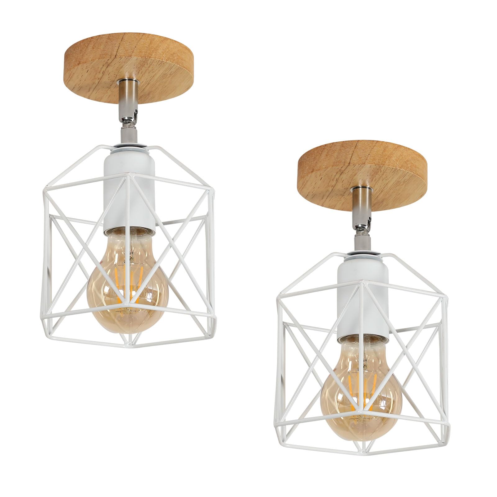 Toolight 2 Piezas Lámparas de Techo Vintage, Industrial LámparaTecho Colgante Salon de Madera E27 Luz Iluminación de Techo Metal Diseño de Jaula para Pasillo Dormitorio Cocina, Blanco, 14CM