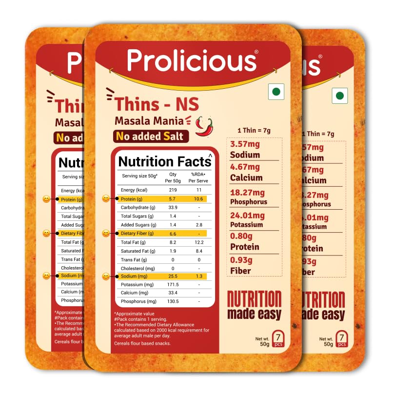 Image of Prolicious High Protein High Fiber No Salt Masala Mania Thins| No Plam Oil | Saltfree |Ideal for weightloss & PCOS | Healthy Snack | 50g each, pack of 3