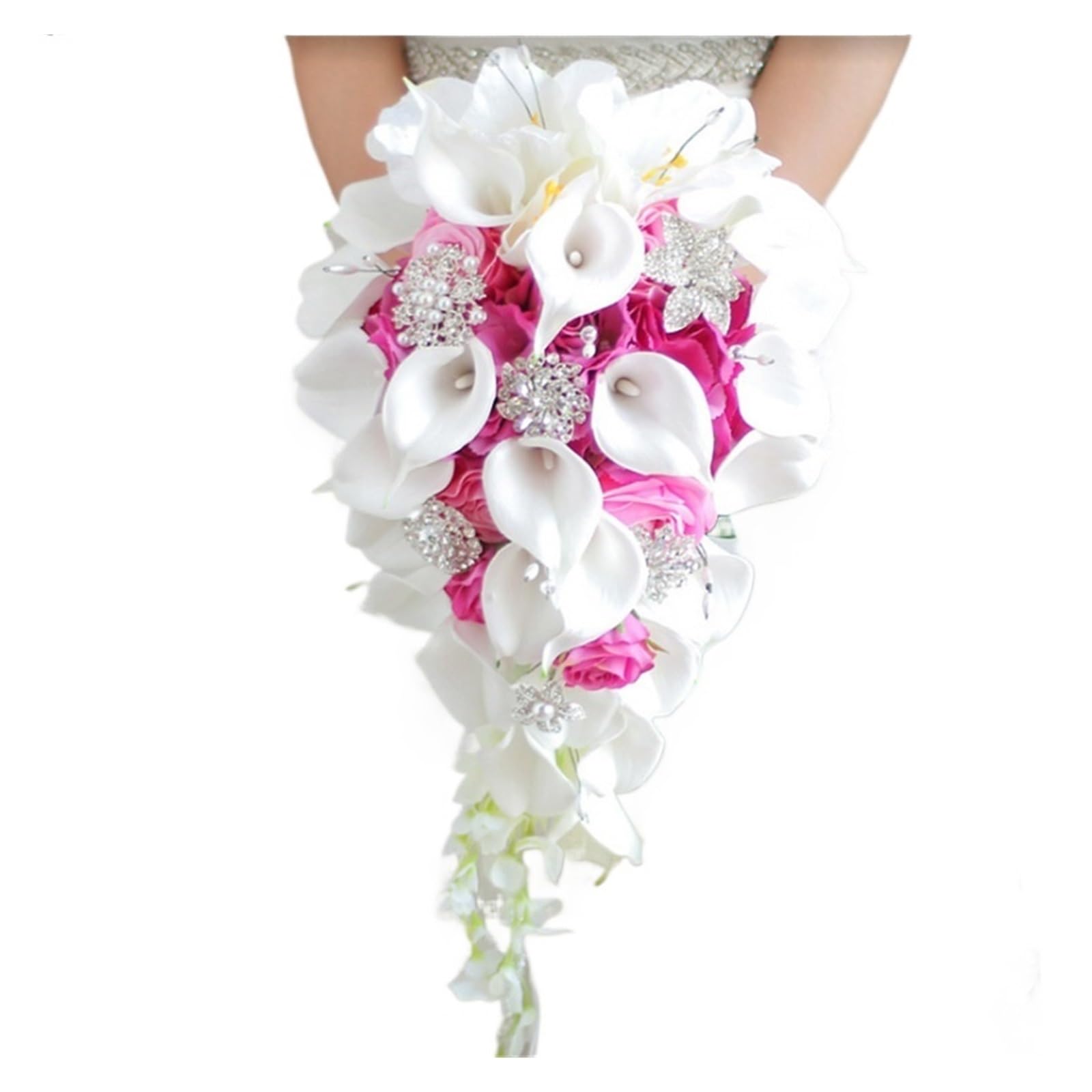 SHENJMAI Artificial Flower Bouquet Wedding Bride Holding Flower Drill Buckle Water Drop Waterfall Photo Bouquet Bridesmaid(Type 2)