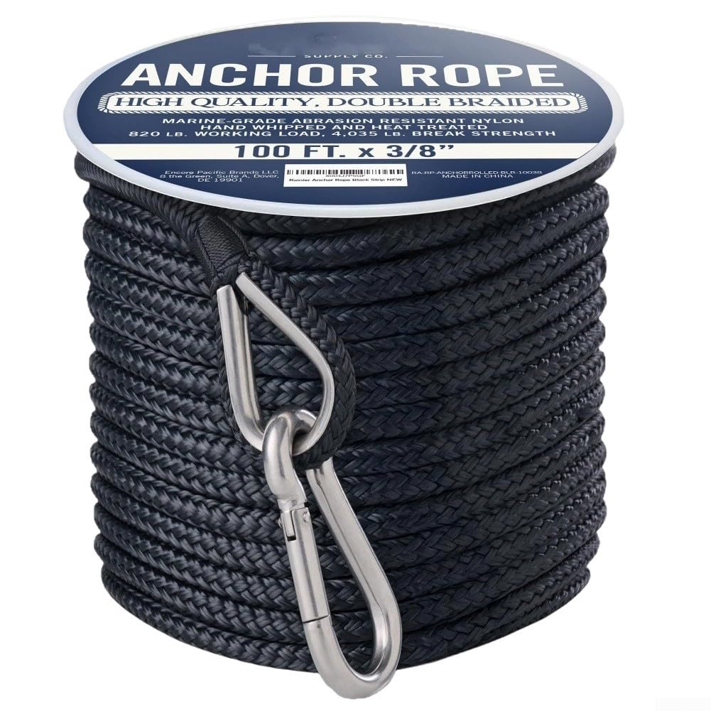 Besttoolifes Cuerda de anclaje de nailon de 5/8 pulgadas, 50 100 pies | Calidad para línea marina trenzada con dedal de acero inoxidable 316, cable de amarre resistente para yate, pesca, barco