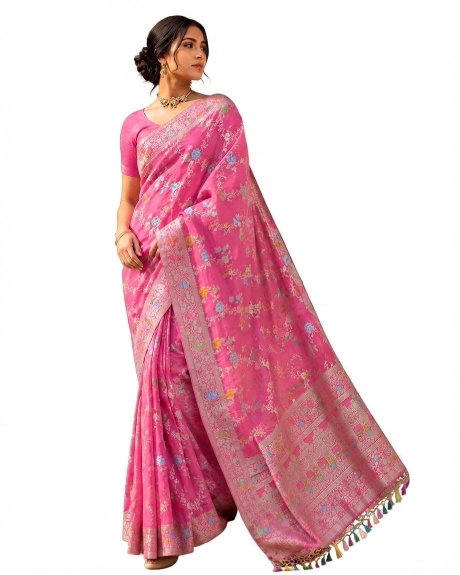 Women's Silk Blend Saree with Blouse, Dry Clean Only, Meena Buti Woven, Festival, Banarasi, Zari, Plain Weave, 500 cm-picture-45