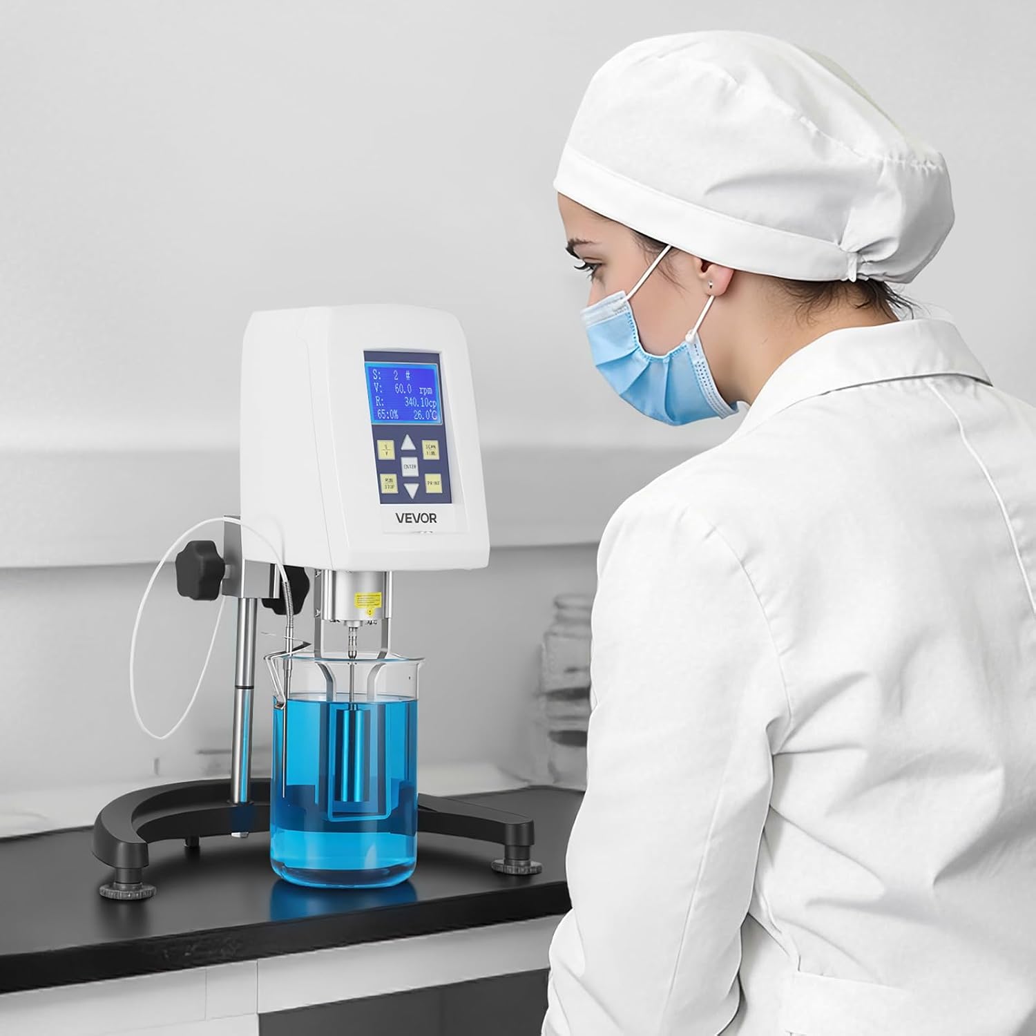 VEVOR Digital Rotary Viscometer, 10-2,000,000 mPa.s(cP), ±2% Accuracy, 100-240V Digital Rotational Viscosity Meter with 4 Rotors and Temperature Probe, LCD Display, Lab Viscometer for Fluid Testing