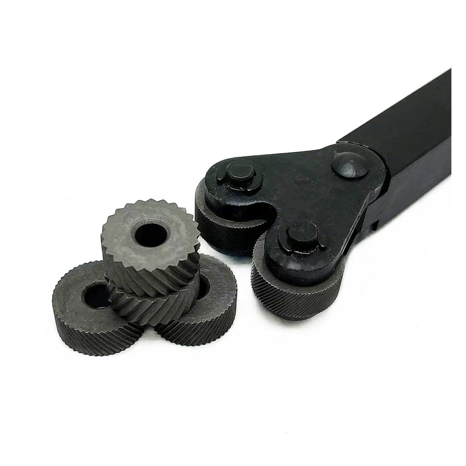 Narzędzie do radełkowania, Zestaw 7 kółek radełkowanych HSS z otworem wewnętrznym 0,6/1/2,0 mm i stalowym uchwytem do tokarki 16 mm x 18 mm