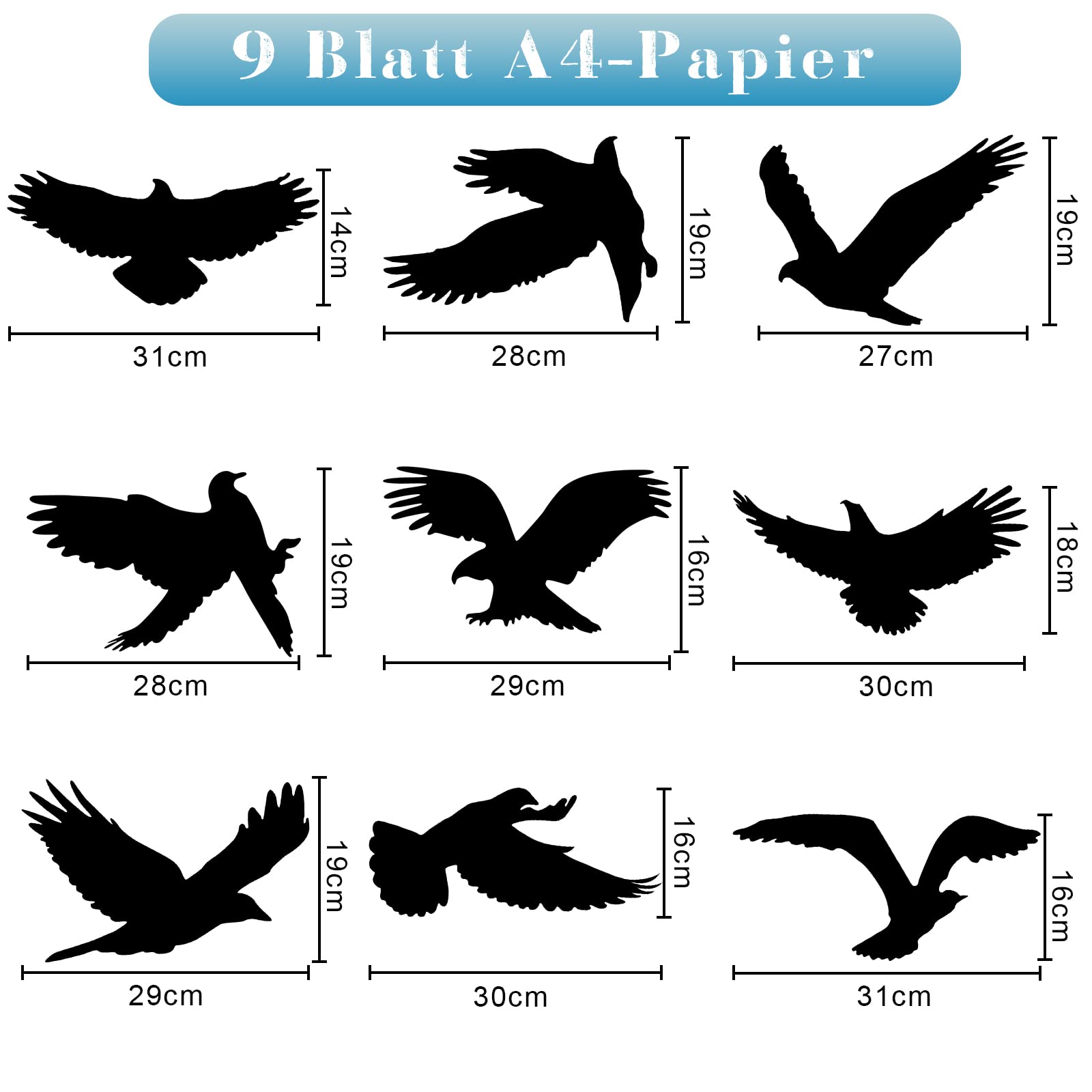 HOOWA Stickers Anti Collision Oiseaux Grand 27-31cm, 9PCS Stickers Fenetre Electrostatique PVC Autocollants, Noir Autocollant pour Vitre pour la Protection des Oiseaux