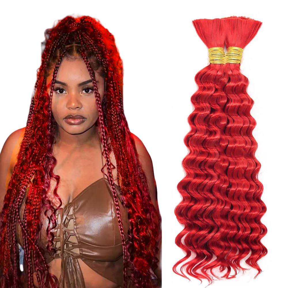 Evaxilc #Red Color Boho Braids Human Hair Extensions Deep Wave 28 28 Inch 2 Bundles/Pack Total 100g Unprocessed Virgin No Weft Human Braiding Hair For Women