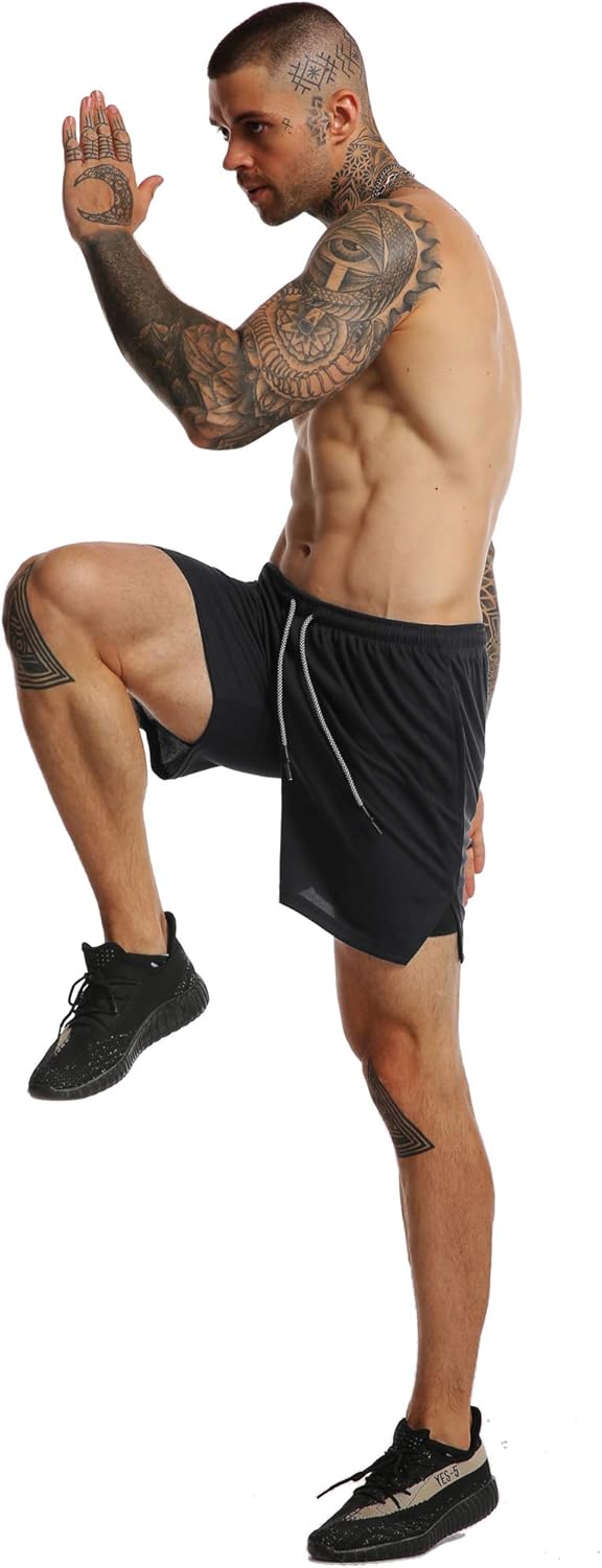 FLYFIREFLY Men's 2-in-1 Workout Running Shorts 7" Lightweight Gym Yoga Training Sport Short Pants