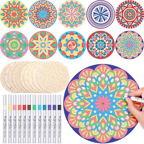 Vercraft 22 Pcs Wooden Mandala Painting Set 10 Mandala Unfinished Wood Cutouts with 12 Markers for Crafts Diwali Craft Wood Slices for Adults Painting DIY Tags Wedding Home Decors(Vintage Style)