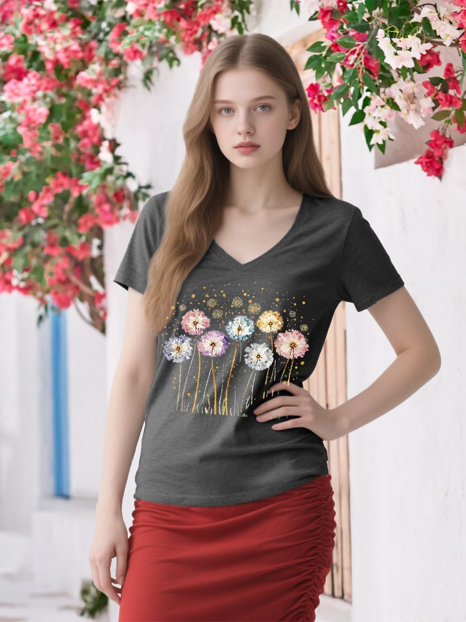 V Neck T Shirts for Women Funny Boho Wildflower Shirt Cute Floral Graphic Tees Short Sleeve Summer Tops - Image 3
