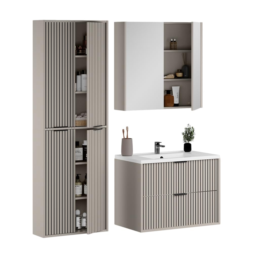 Vicco Badmöbel-Set Ruford, Cashmere, 80 cm, besteht aus Waschbeckenunterschrank inkl. Waschbecken, Midischrank und Badspiegel