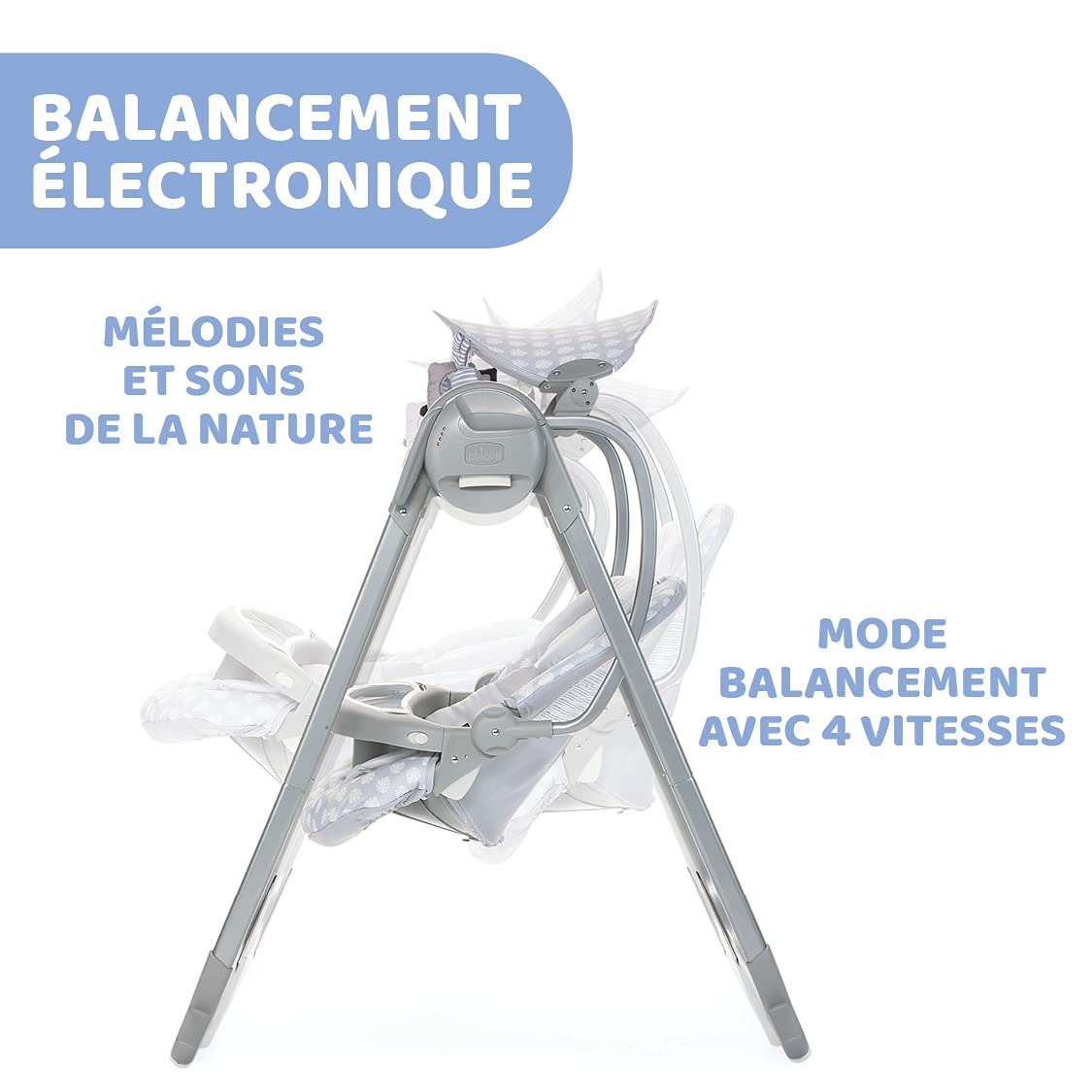 Chicco Polly Swing Up Balancelle Electrique pour Bébé, Transat Inclinable et Balancement Automatique avec Vibration, Jouets Suspendus, Musique et Télécommande, de la Naissance à 9 Kg- Leaf