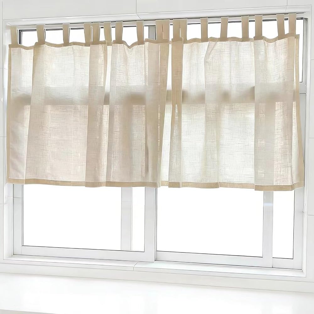 Demi Rideau en Lin W180xL100 cm : Voilage Court à Pattes pour Fenêtre et Placard