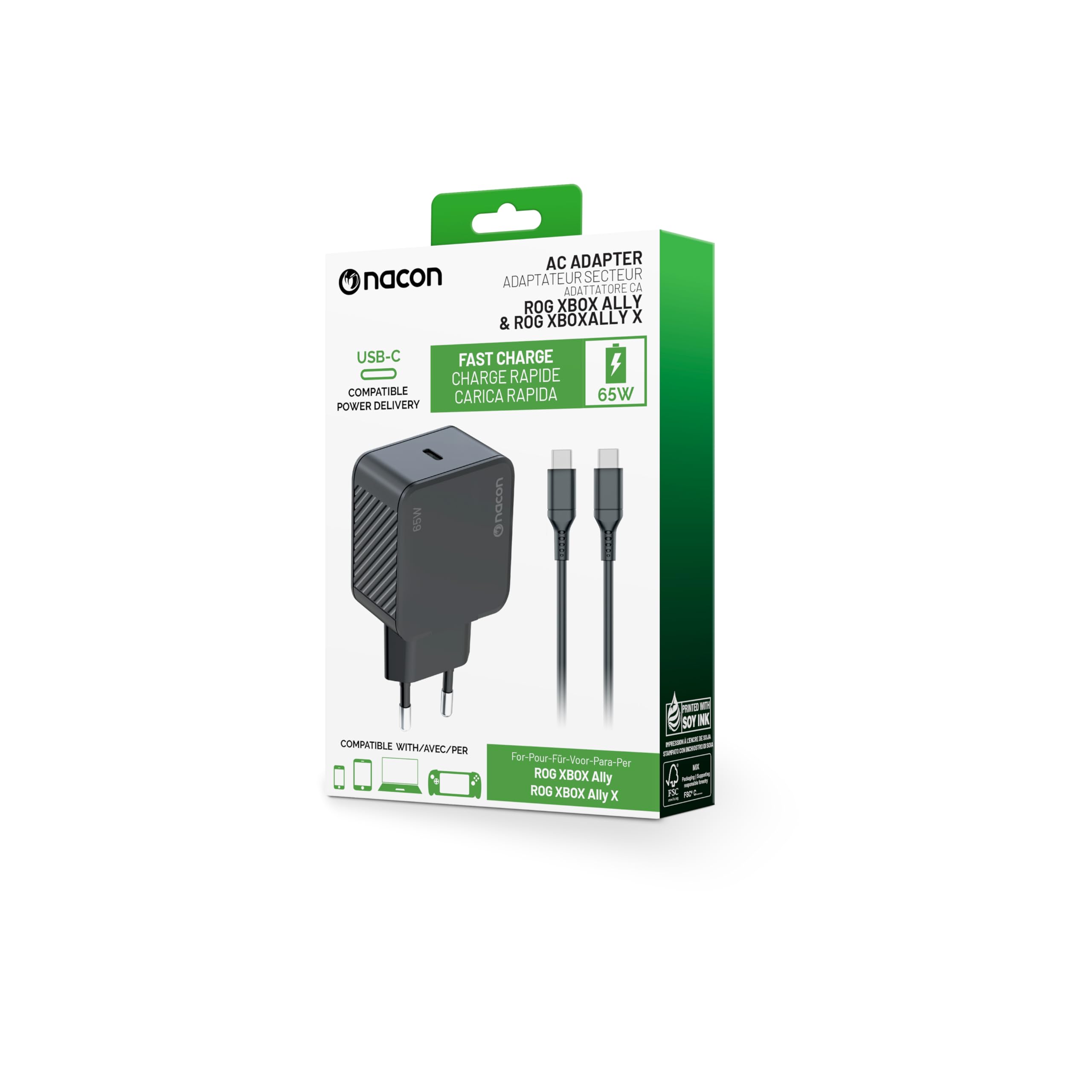 NACON Ładowarka do ROG Xbox Ally i Ally X, zasilacz 65W z Power Delivery, szybkie ładowanie, kompatybilna z PC, smartfonem, przełącznikiem. Kabel USB-C 1,5 m w zestawie - XBXROGADAPT65