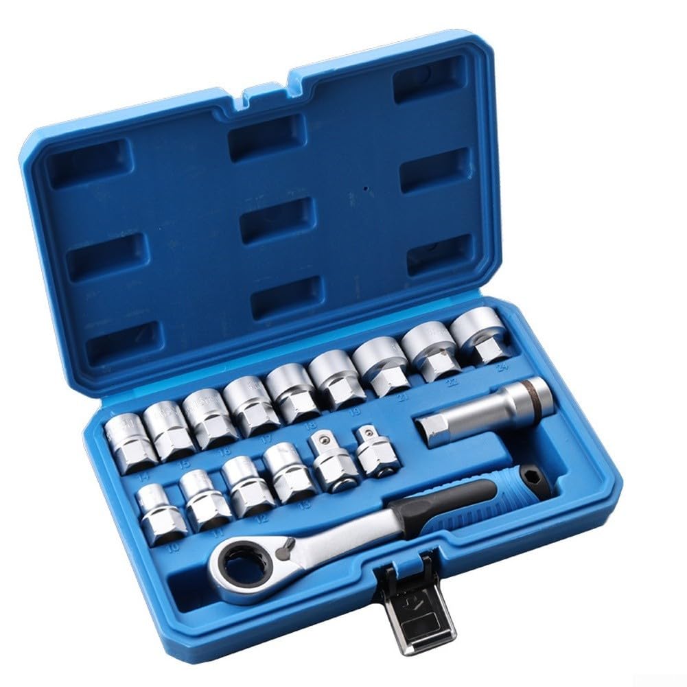 Set di chiavi a bussola a cricchetto a 12 punte con barra di estensione e punte, bussole metriche da 10-24 mm, per riparazioni domestiche e garage