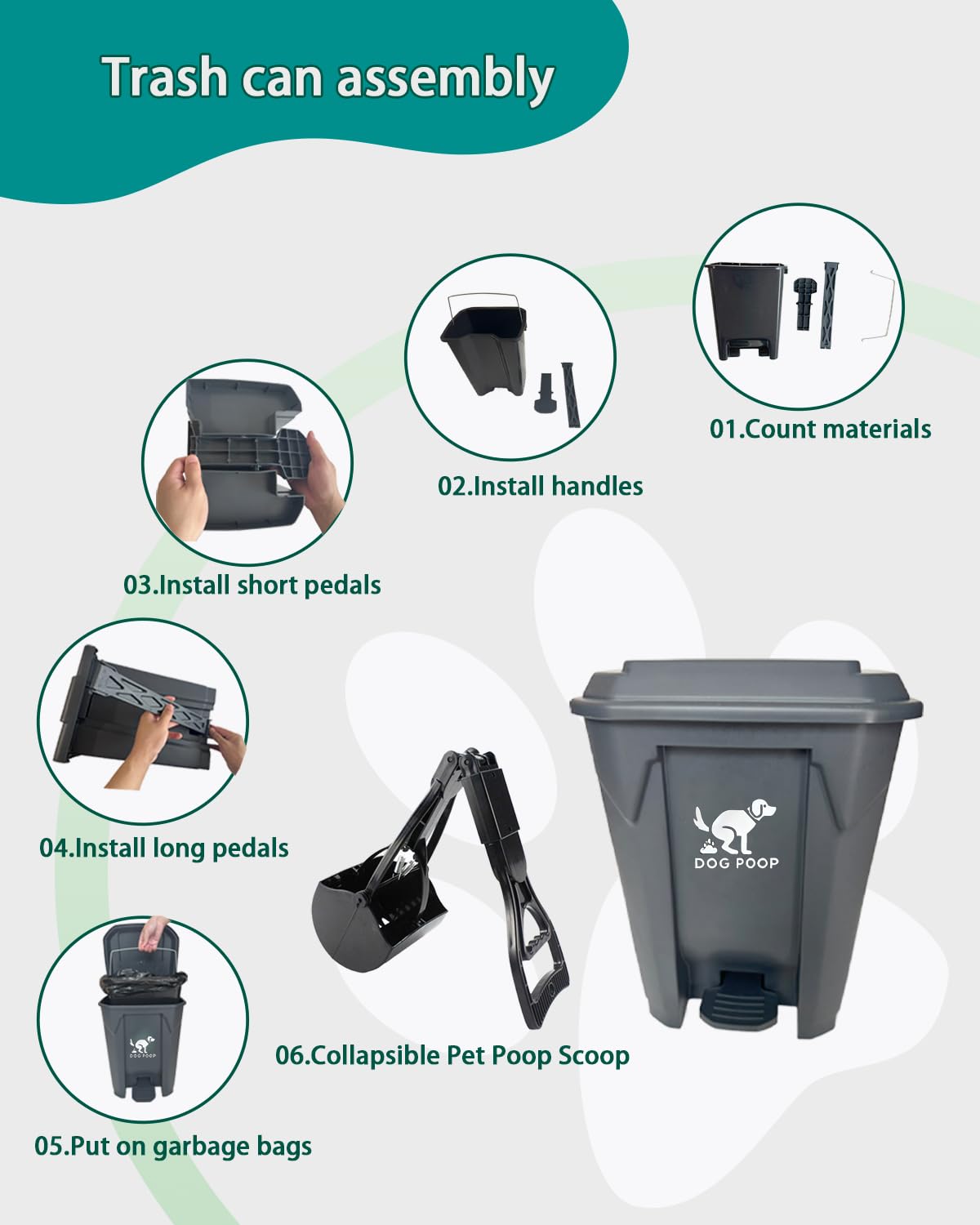 Grande cestino per la cacca per cani da 20 litri, con paletta pieghevole per i rifiuti degli animali domestici, impermeabile, pedale, secchio interno e 100 sacchetti per il cortile