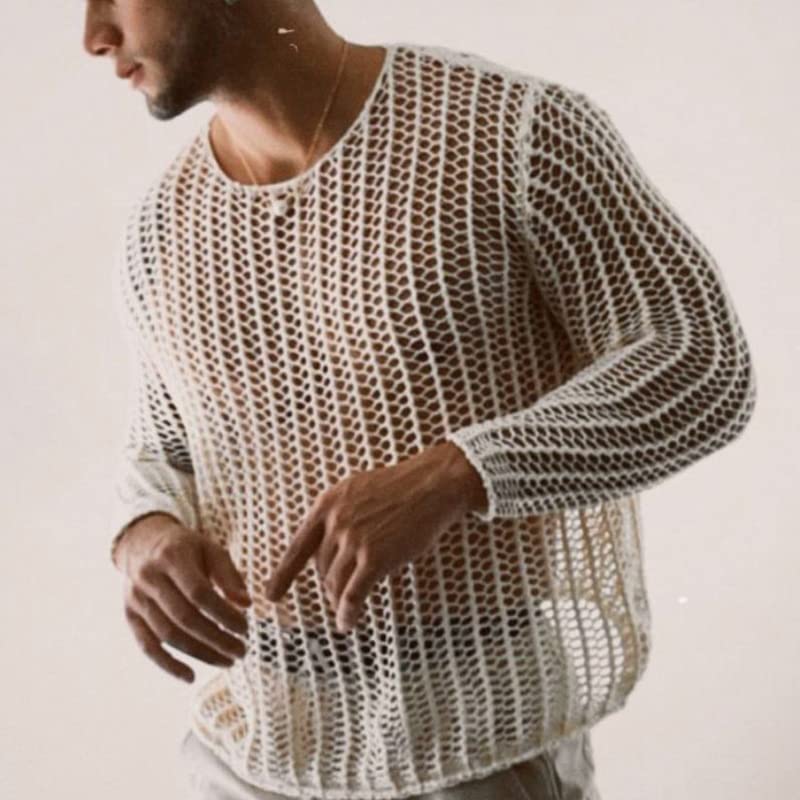 Evankin Men's T-Shirt Hollow Out Mesh Long Sleeve Tops See Through Underwear Knitted Sweater Loose Undershirt T-Shirt3