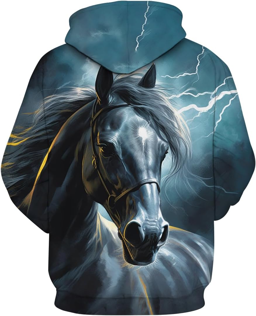 Novelty Horse Print Hoodie Animal 3D Pattern Sweatshirt Hooded Pullover with Pocket - Image 3