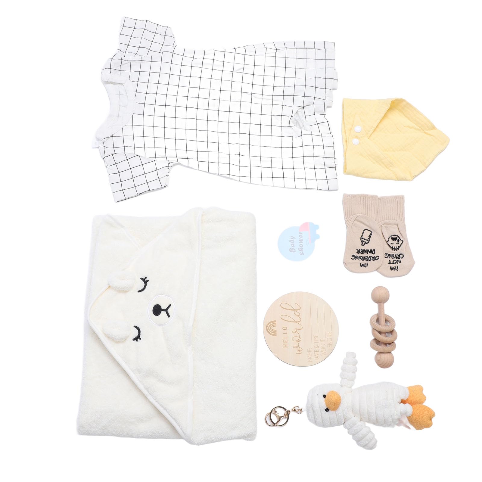 Cesta de Regalo para bebé, Juego de Regalos para Baby Shower Recién Nacido con Ropa de bebé Neutra, Manta, Baberos, Calcetines, Muñeca, Sonajero de Madera, Tarjeta de Felicitación para Niños