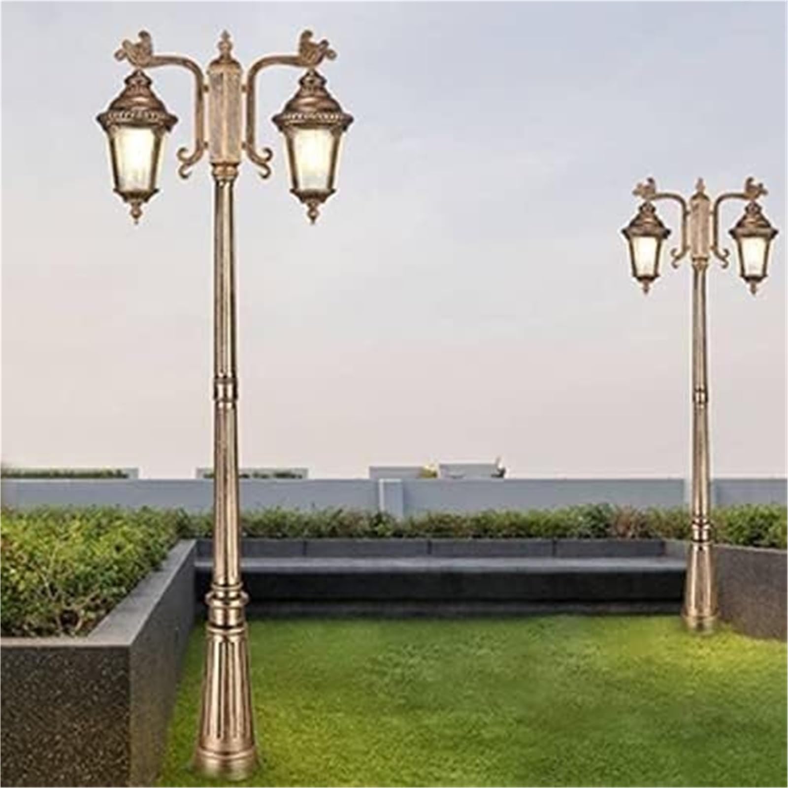 Lampadaire Solaire D'Extérieur, 210 Cm (82,67 Pouces), Borne Lumineuse De Jardin en Aluminium avec Lanterne en Verre Et 2 Têtes.,Bronze-180CM(70.86in)
