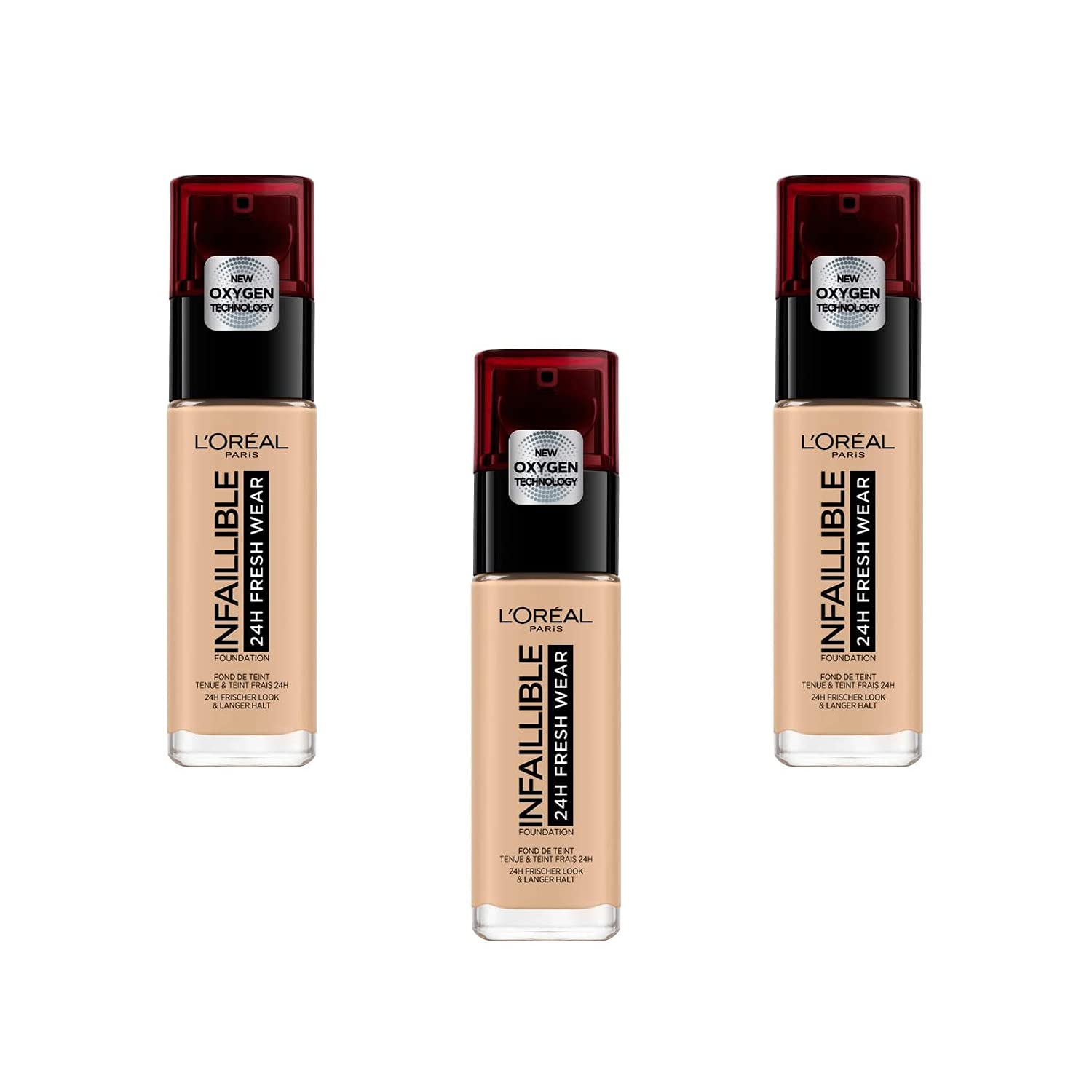 L'Oréal Paris Infaillible 24H Fresh Wear Fondotinta Liquido Coprente Lunga Tenuta - 125 Naturel Rosé, Set di 3 (3 x 30 ml)