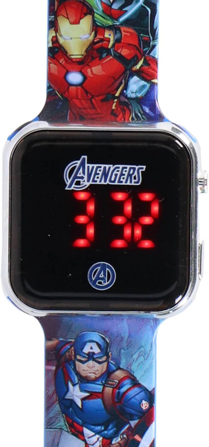 Close-up of Accutime AVG4706 Avengers LED Watch display showing time