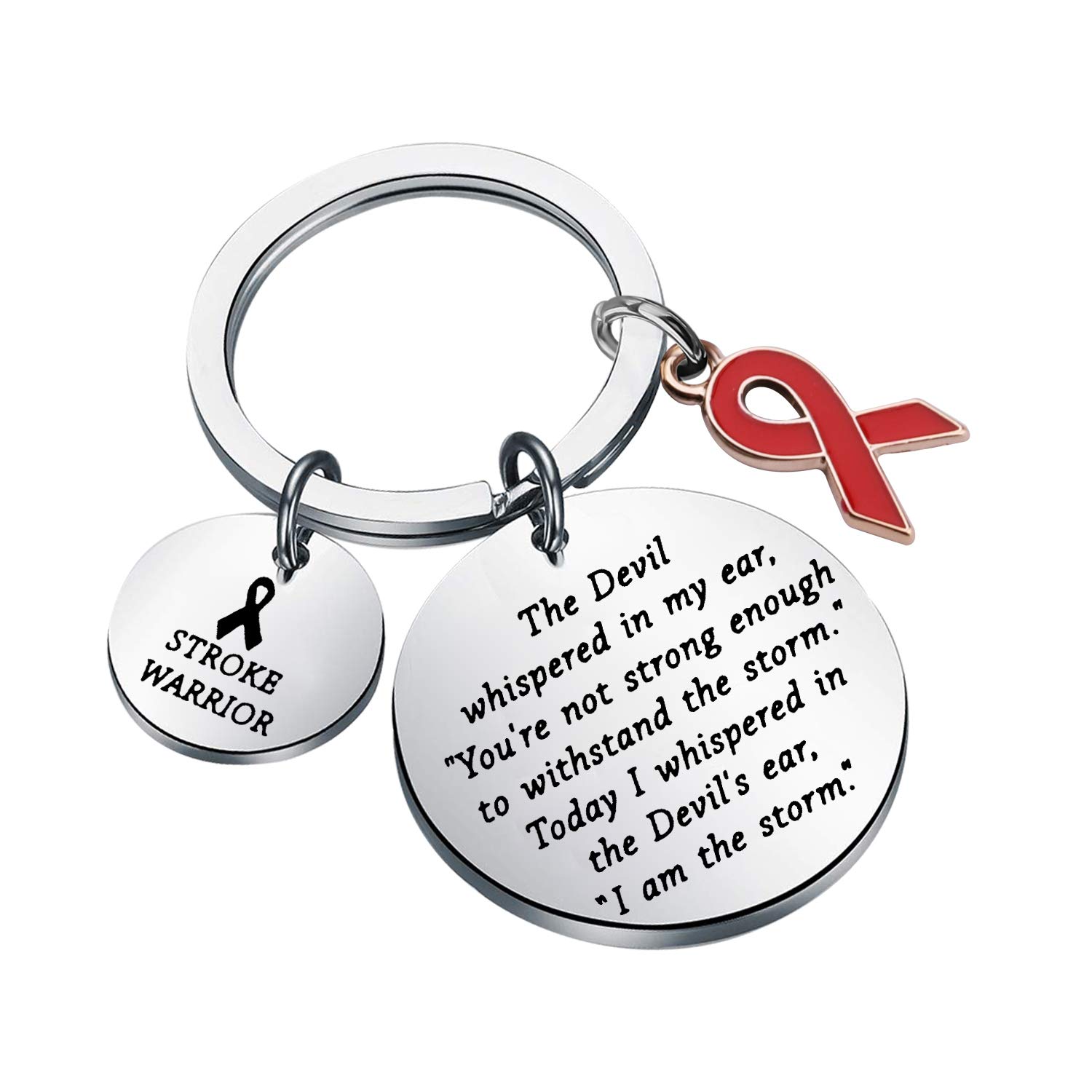 FUSTMWStroke Awareness Keychain Stroke Warrior Gifts I Am The Storm Stroke Survivor Jewelry Recovery Gifts Red Ribbon Cancer Inspirational Gifts