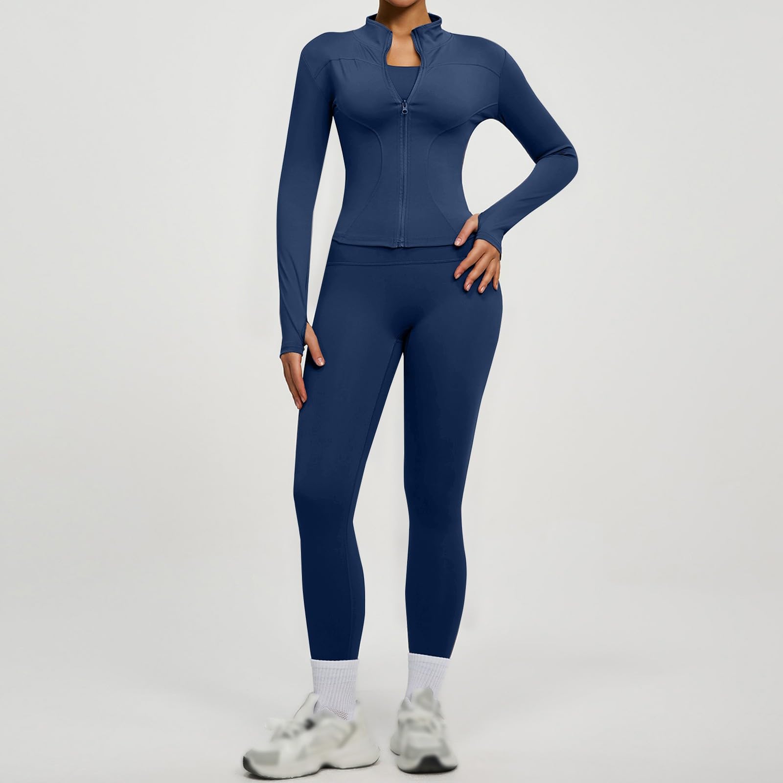 Sport Set Damen Yoga Pilates Outfit Sets Zweiteiler Bequem Elegant Reißverschluss Langarm Oberteile Mit Leggings Zweiteiliges Damen Trainingsanzug Set Sportset