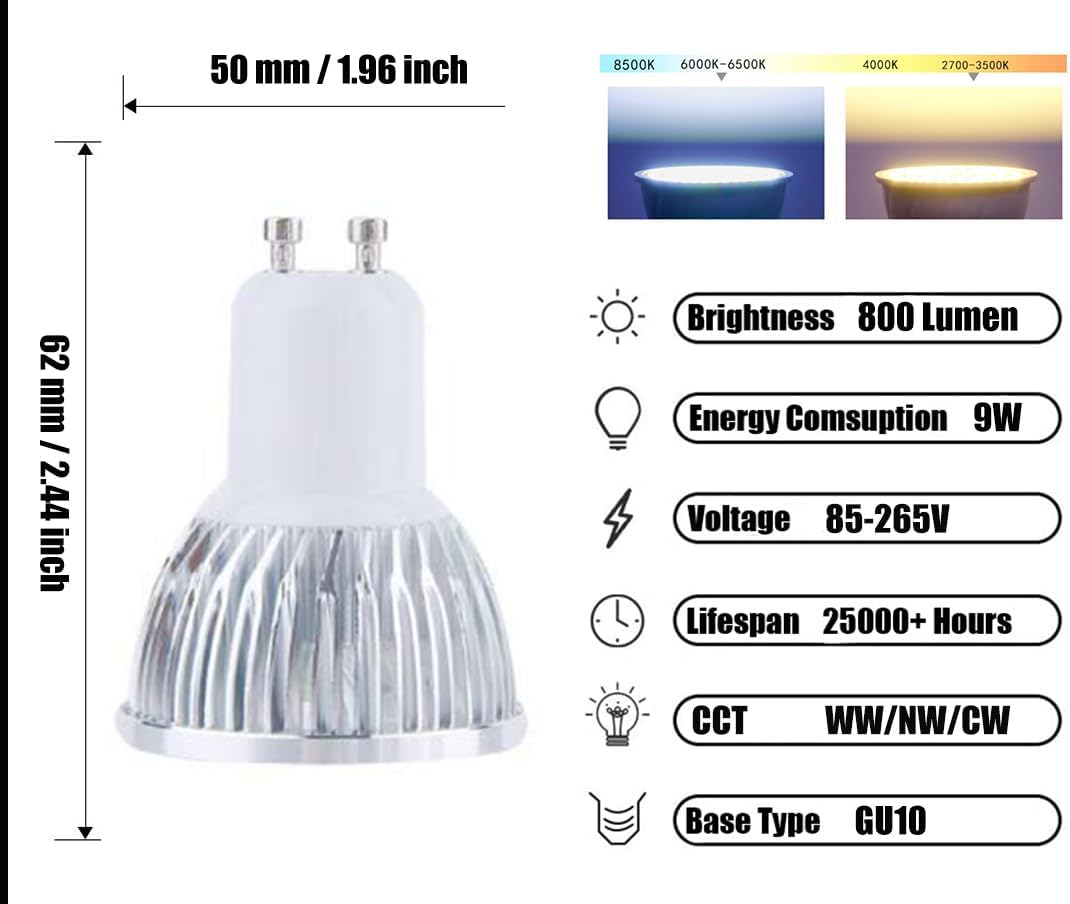 Leo's Light LED GU10 Reflector Spotlight Bulb, 9W (70W Equivalent) 6000K Cool White 800lm 60° Flood Beam, for Recessed Ceiling Lights, Tracking Lights, Pack of 6 (6000K-Cool White, Gu10 Base)
