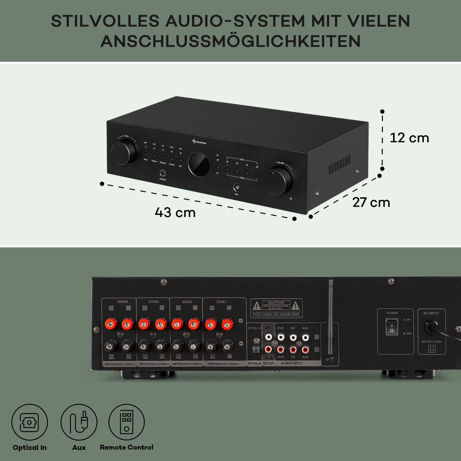 Auna Verstärker, HiFi Stereo Mini Verstärker, HiFi-Verstärker mit Bass & Treble Regler, 4 Kanal Audio-Verstärker, Stereo-Verstärker & Lautsprecher mit Fernbedienung & AUX Eingang, AV Receiver
