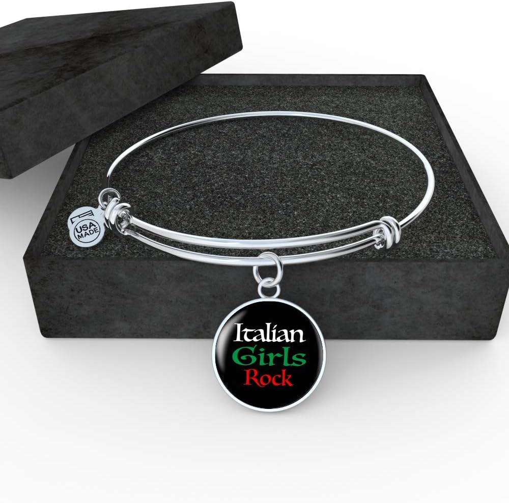 P.S. I Love Italy Italian Girls Rock With Black Circle Charm Bangle Bracelet Stainless