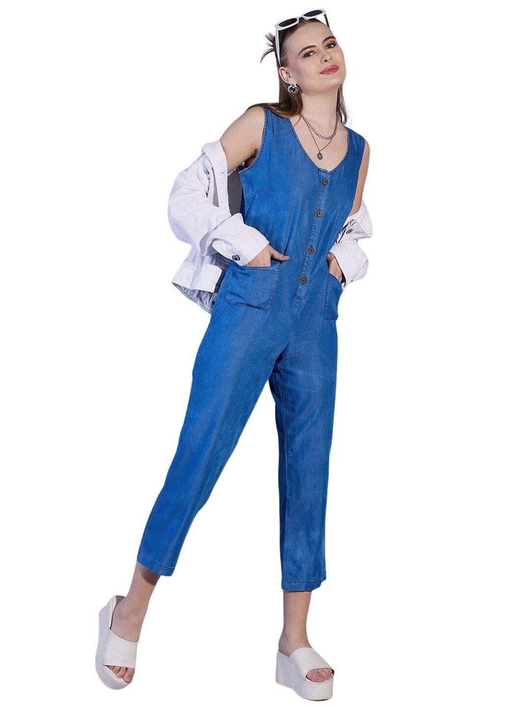 by The Indian Garage Co Women Flared Casual Solid Denim Jumpsuit