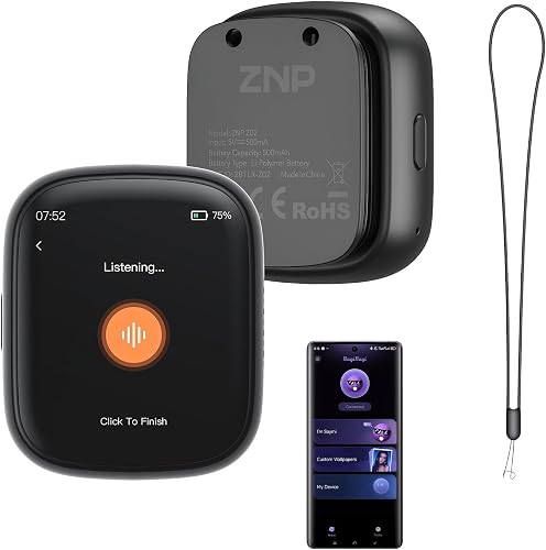 ZNP Z02 Smart AI Companion Digital Badge, HD Touch Screen Bluetooth 6.0 Translator, No Subscription Wearable AI Assistant with Meeting Minutes, Memo & Custom Wallpaper for Travel Business Daily Use