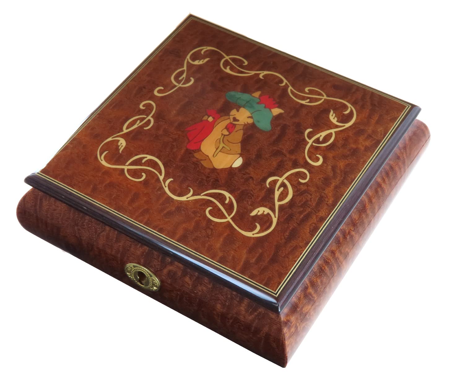 Joyero musical / caja de música para joyas de madera con marquetería conejo de Beatrix Potter y mecanismo musical de resorte de 18 notas - Clair de lune - Claro de luna (Claude Debussy).
