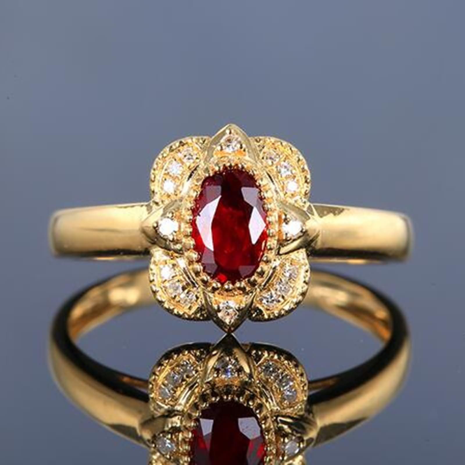 Beydodo Anillos Mujer Oro Amarillo 9 14 18 Kilates de Compromiso con Flor y Oval con Rubí Creado de 0.5ct y Moissanita, Anillo de Boda Oro Rojo de Matrimonio Mujer