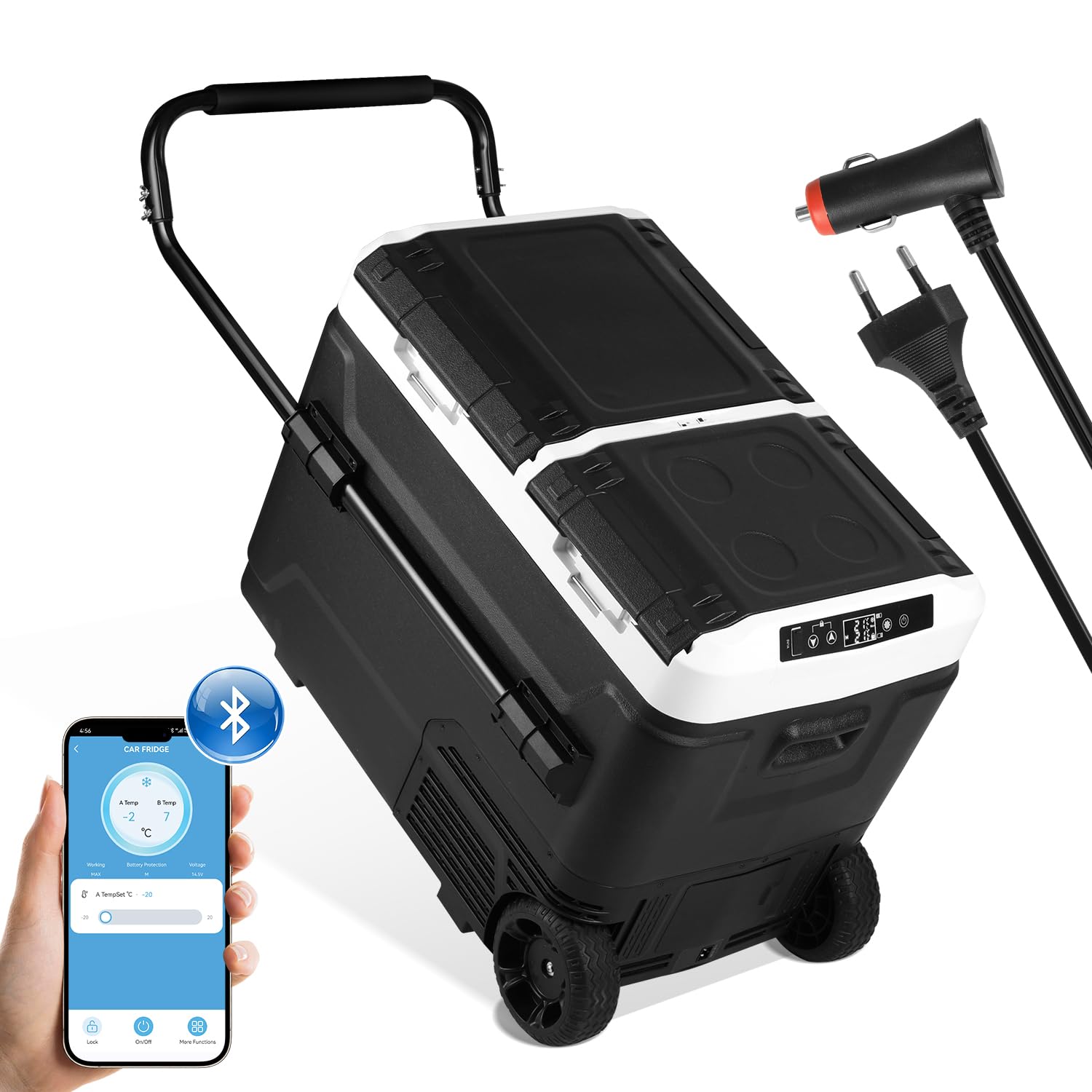 Kompressor Kühlbox 50L, Elektrisch Gefrierbox Zwei Zonen und Doppeltüren, Kühlbox 12 V/24 V bis -20 °C mit Bluetooth-Steuerung, Anti-Shake, Tragbar, für Camping, Reisemobil
