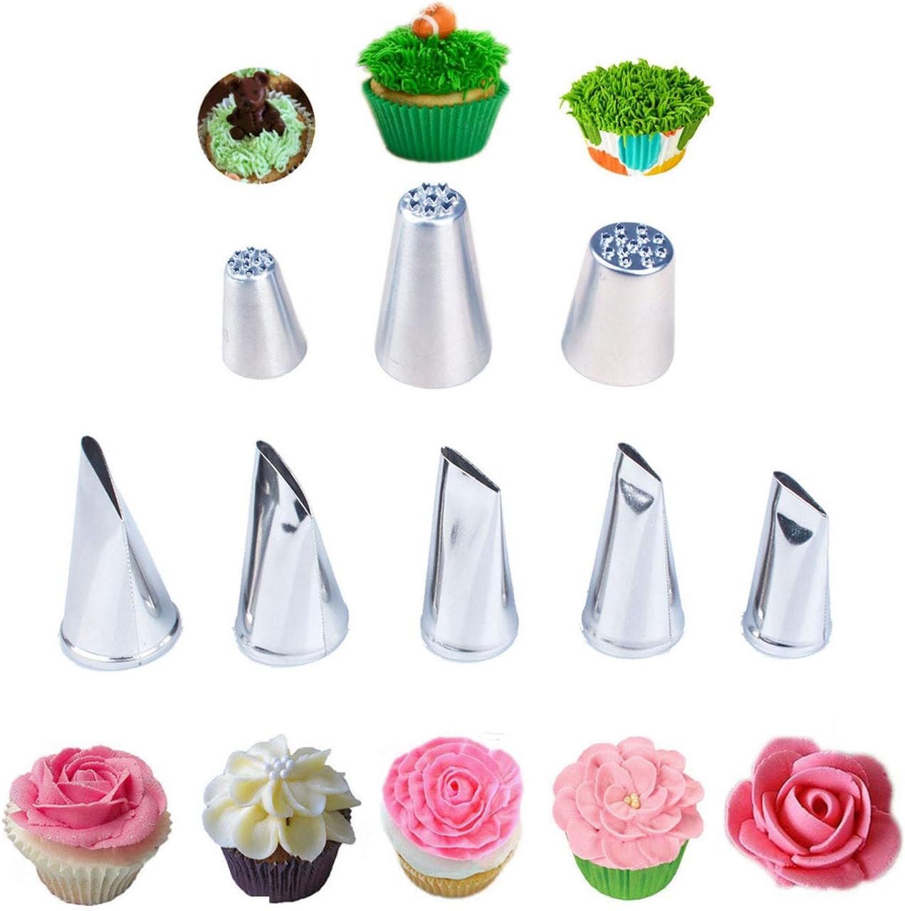 5 Pieces Large Piping Tips Set and 3Pcs Russian Grass Cream Tips DIY Decor Baking Tool, Stainless Steel Piping Nozzles Kit for Pastry Cupcakes Cakes Cookies Decorating
