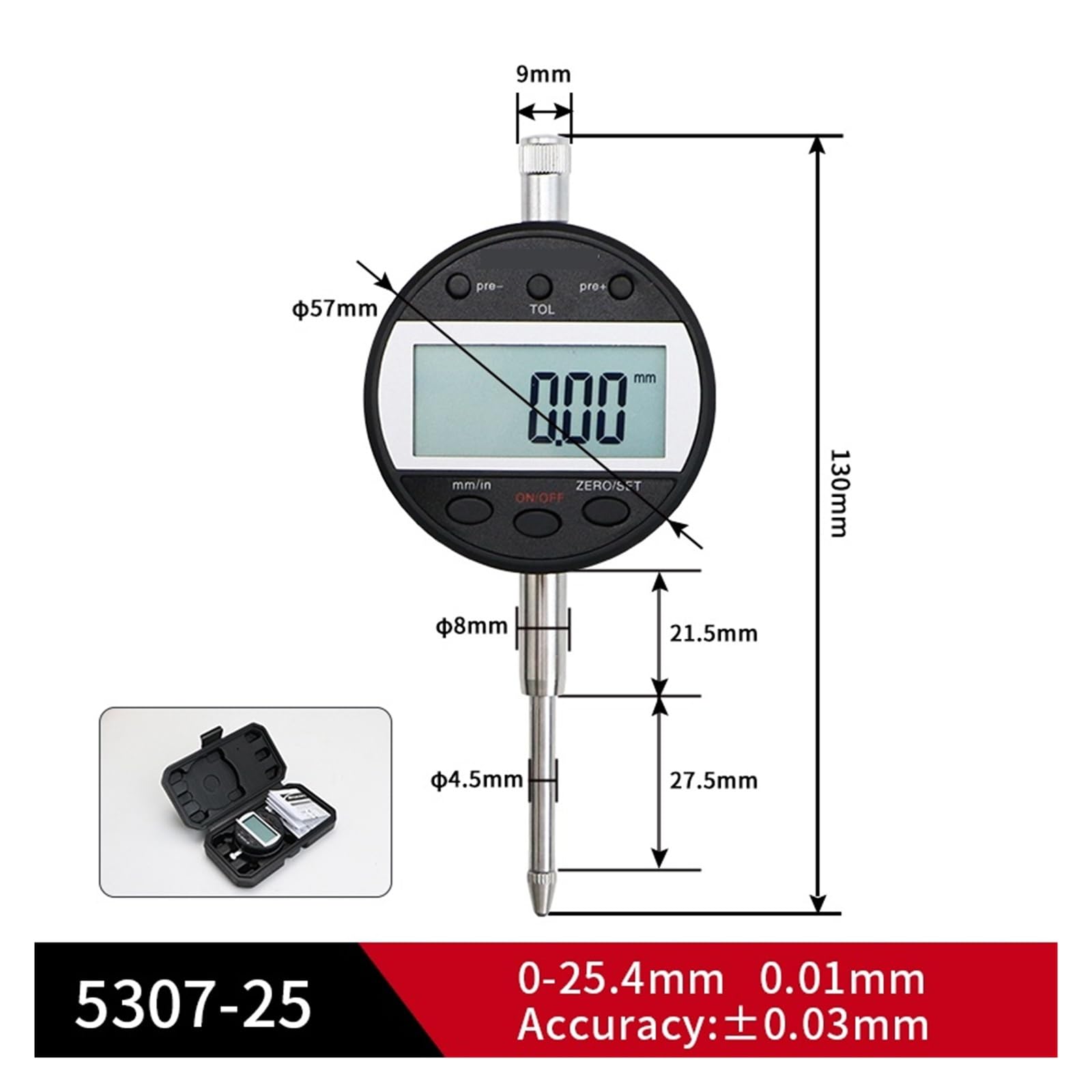 Indicateur à cadran, Indicateur à cadran numérique électronique, sonde, jauge de Test 0.01mm(5307-25)