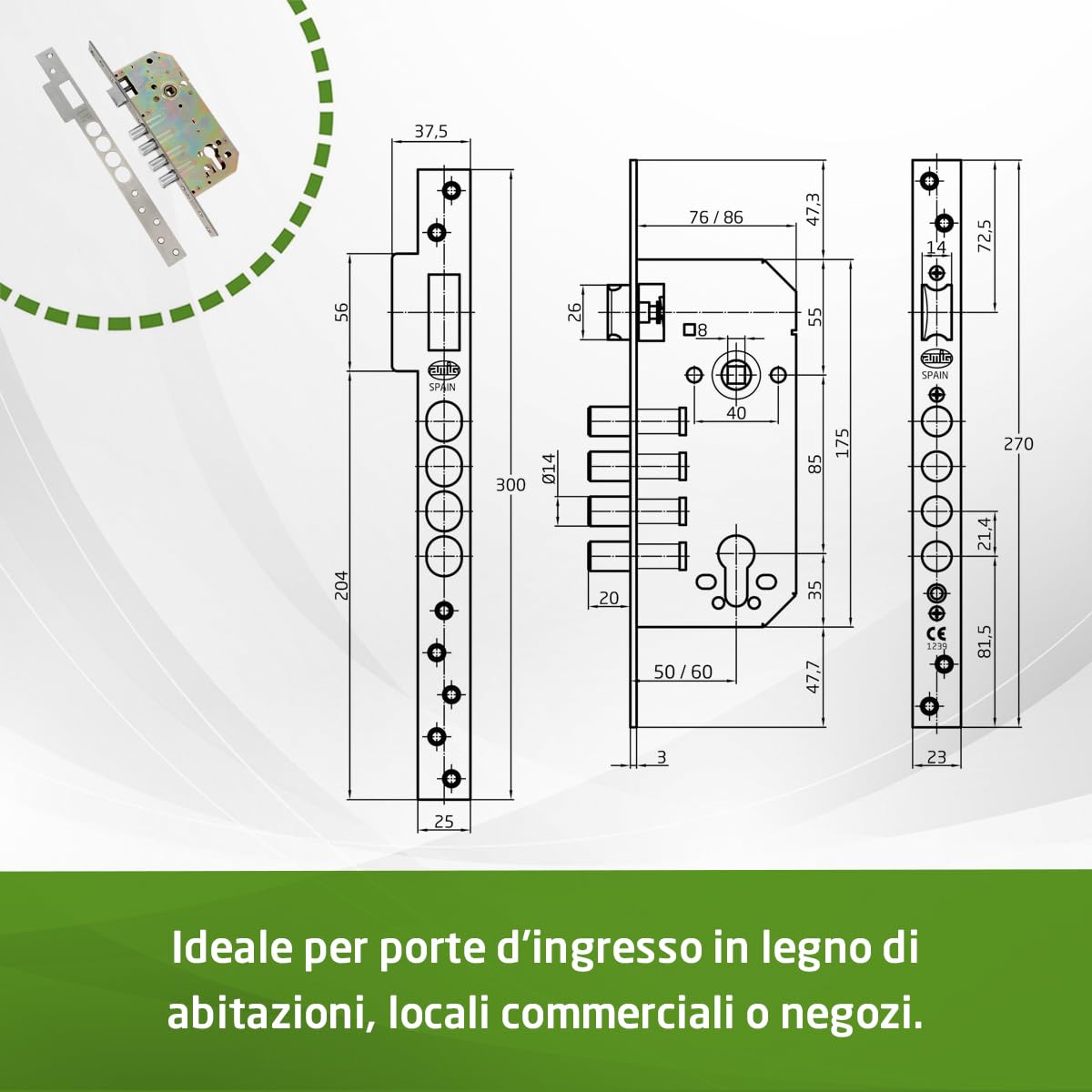 Amig - Serratura | Serratura da infilare con catenacci per porte | Acciaio | 50/85mm | Acciaio inox opaco | Senza cilindro e protezione di sicurezza | Chiusura reversibile
