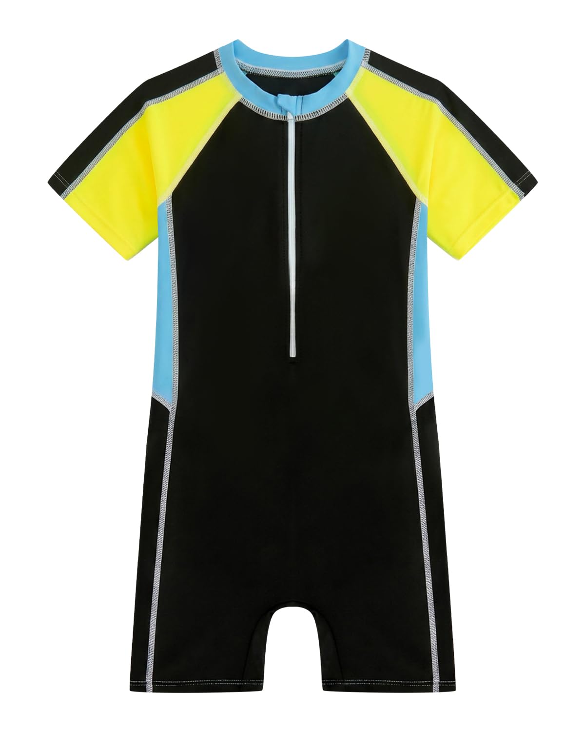JiAmy Maillot de bain une pièce Rashguard à manches courtes pour garçon - Séchage rapide - Protection UV - Avec fermeture éclair sur le devant - Couleurs contrastées - Pour la plage et la piscine