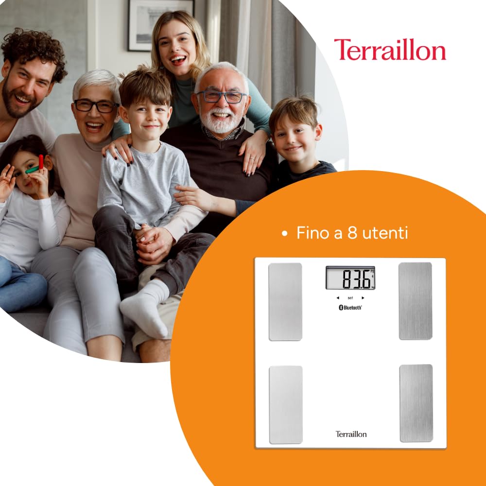 TERRAILLON SMART CONNECT Bilancia pesapersone Impedenziometrica - Analisi del cuerpo - BMI - 8 utenti - Bluetooth Low Energy - Capacità 160Kg - Bianco