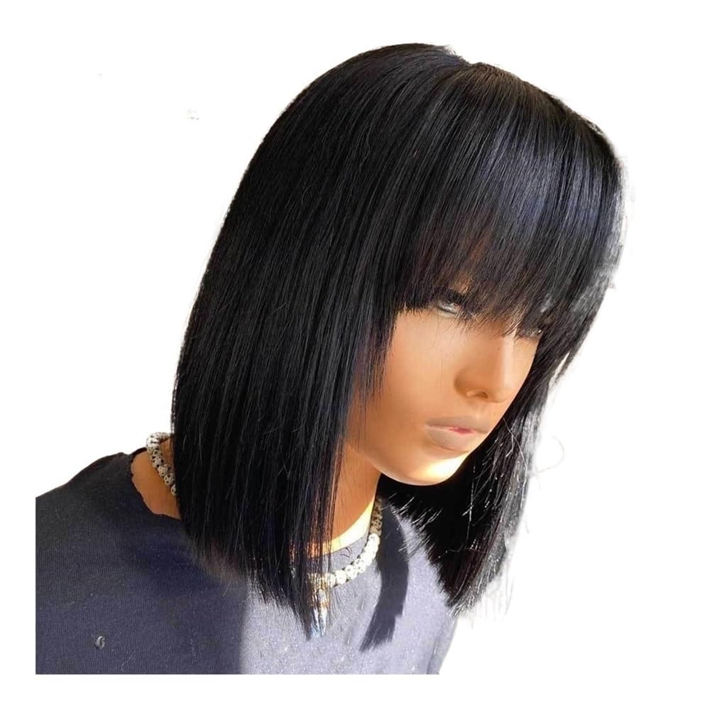 Parrucca a caschetto con frangia, capelli veri, senza colla, senza pizzo frontale, realizzata a macchina, per donne (nero naturale, 20,3 cm)