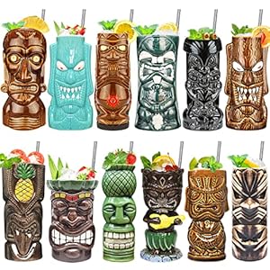 Tiki Mugs Set of 12, Ceramic Tiki Mugs for Hawaiian Party,Creative Tiki Mug Set Tiki Bar Mugs for Cocktails Glasses, Tiki Drinking Bar Decorations Premium Tropical Cups Drinks for Exotic Party 12PCS