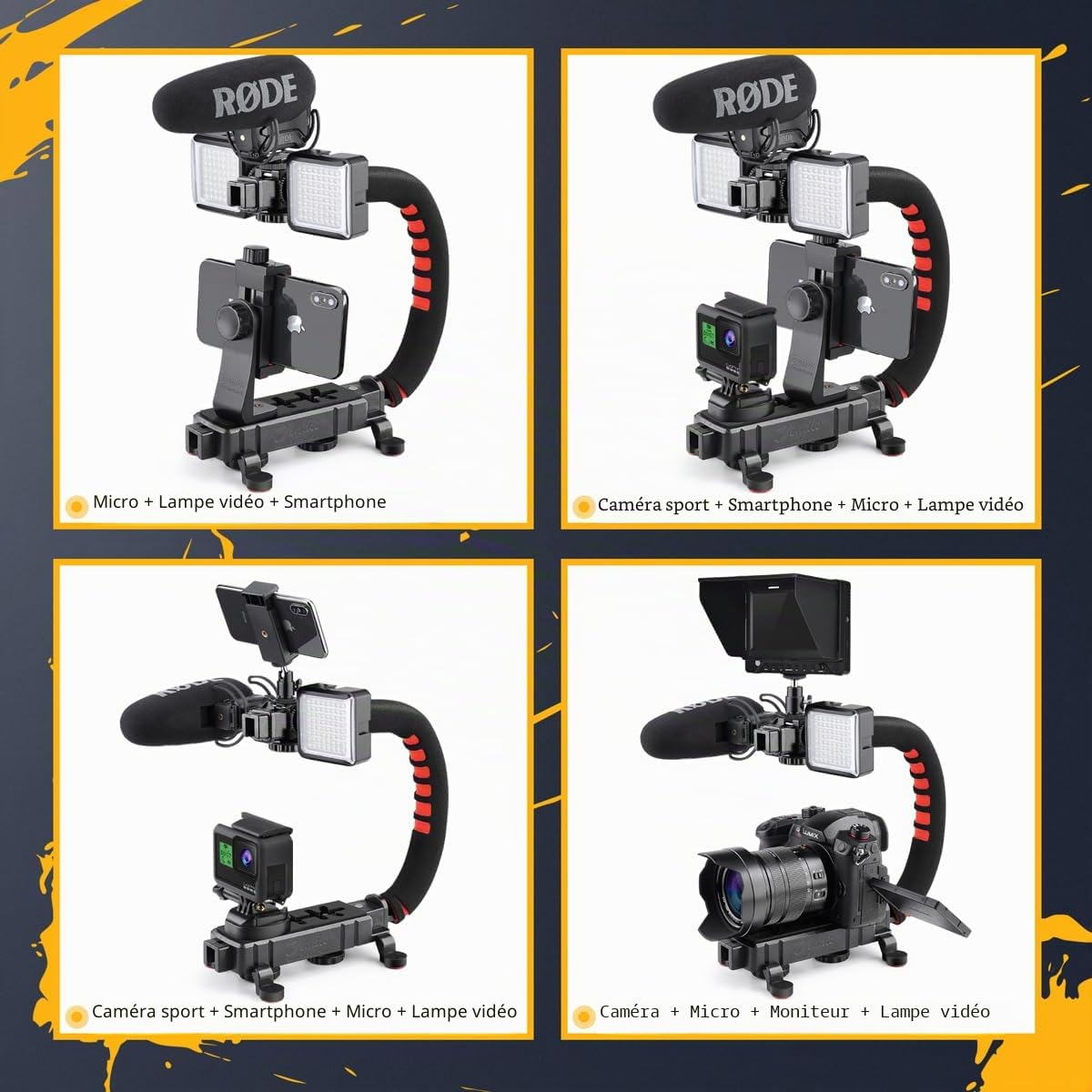 Zeadio Stabilisateur de caméra pour Smartphone, poignée Pliable à poignée avec rig vidéo portatif et étui de Transport, Convient à Toutes Les caméras, caméscopes, Les Smartphones iPhone et Android